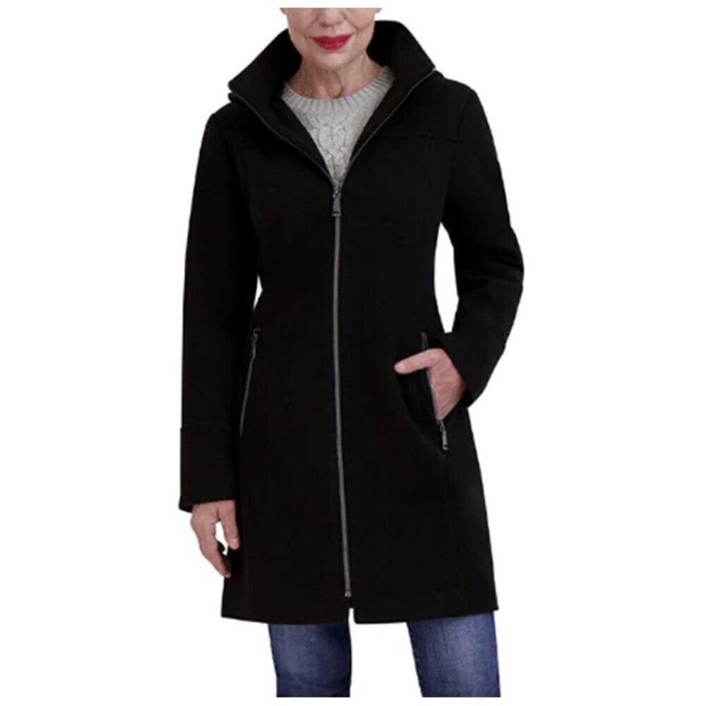 Vince Camuto New Soft Knit Hooded A-line Zip Walker Black Coat